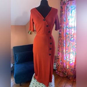 v-neck, midi, red brick, casual dress